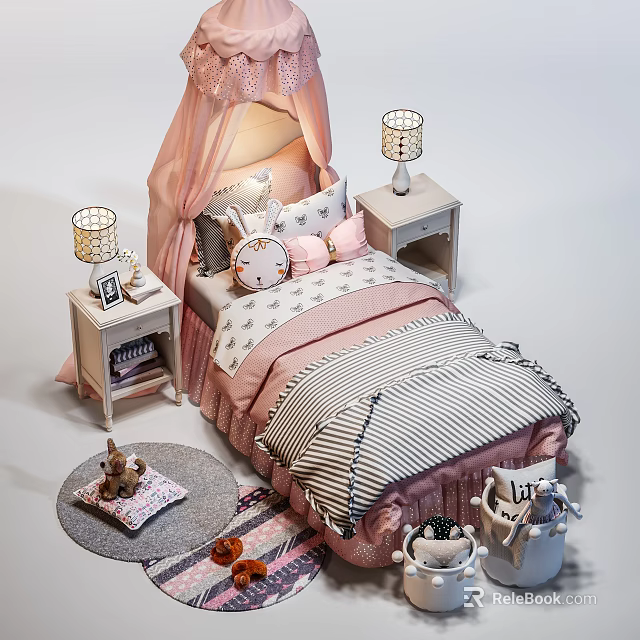 Kids Bed with Pink Canopy Cartoon Pillows Striped Bedding Bedside Tables Lamps and Stuffed Toys 3d model 
