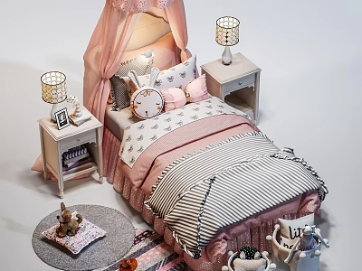 Kids Bed with Pink Canopy Cartoon Pillows Striped Bedding Bedside Tables Lamps and Stuffed Toys 3d model