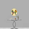 Modern Console Table With White Countertop Black Metal Base And Circular Decorative Painting