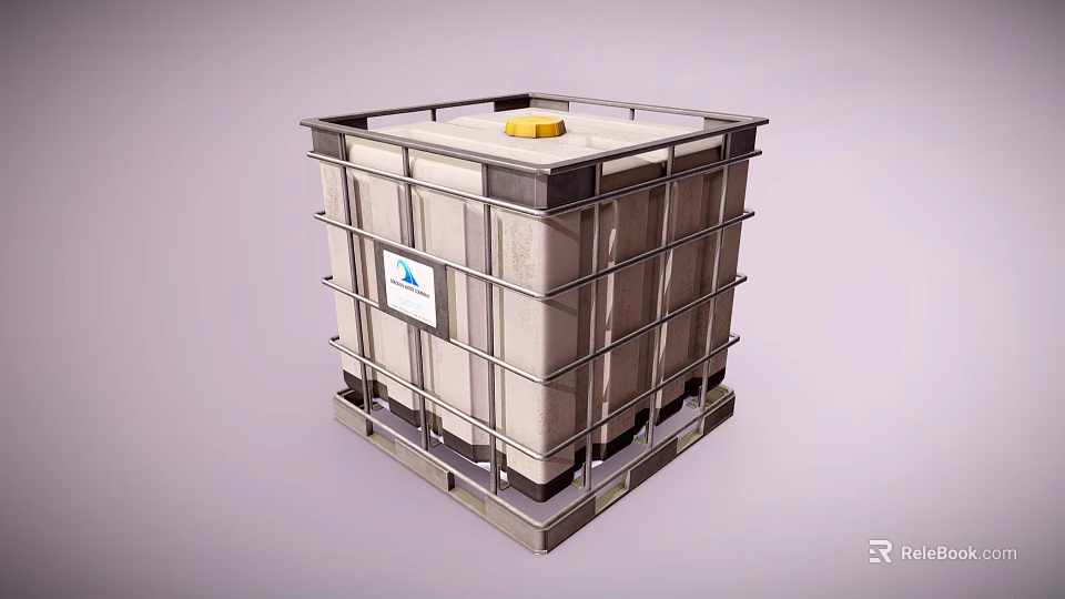 Industrial Storage Container With Metal Frame Yellow Lid And Side Label 3d model