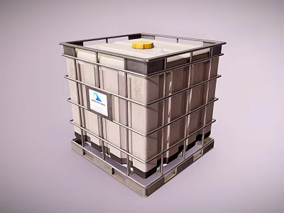 Industrial Storage Container With Metal Frame Yellow Lid And Side Label 3d model