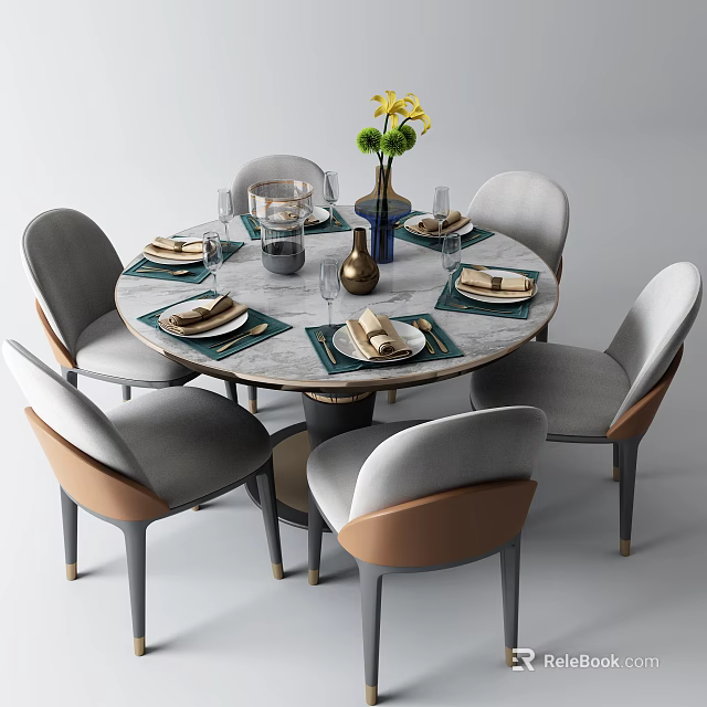 Modern Round Dining Table Set with Six Chairs Tableware Vase and Placemats 3d model