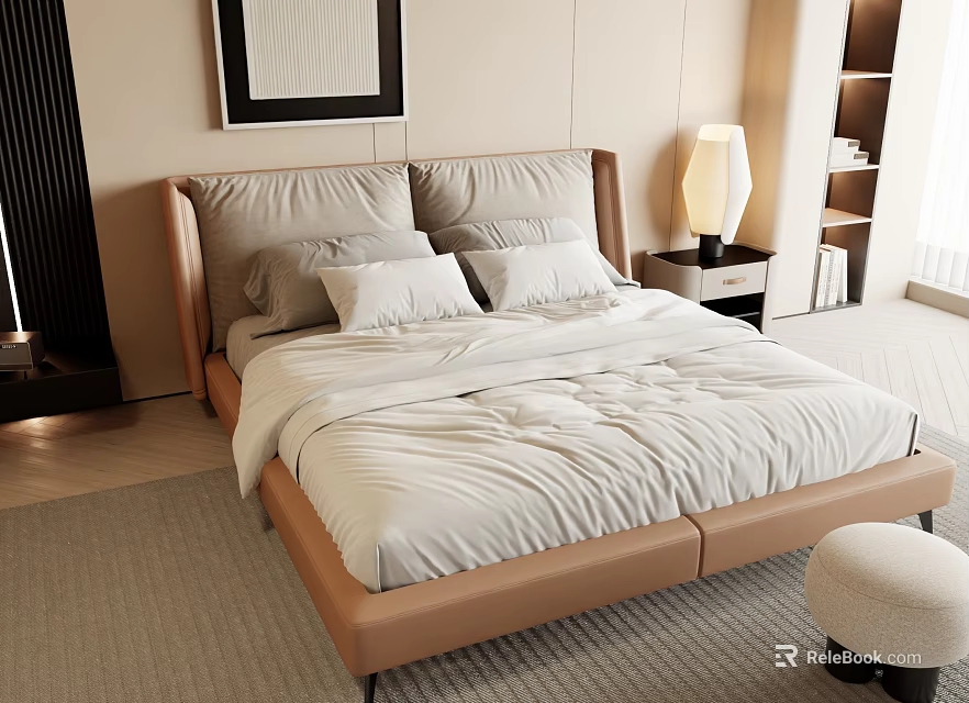 Modern Double Bed With Beige Leather Headboard White Sheets And Bedside Lamp 3d model