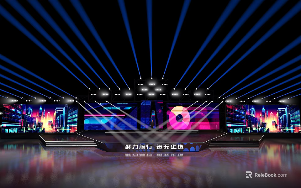 Modern Stage Design With Blue Lighting Beams Large Screen And Colorful Graphics 3d model 