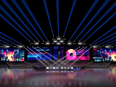 Modern Stage Design With Blue Lighting Beams Large Screen And Colorful Graphics 3d model