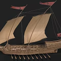 Ancient Wooden Sailboat With Beige Canvas Sails Red Flags And Oars