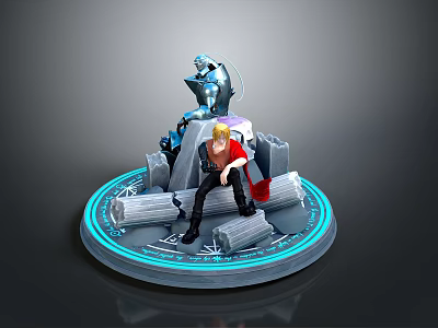 Seated Blonde Character With Red Cape And Blue Glowing Creature On Circular Stone Wood Platform 3d model