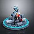 Seated Blonde Character With Red Cape And Blue Glowing Creature On Circular Stone Wood Platform