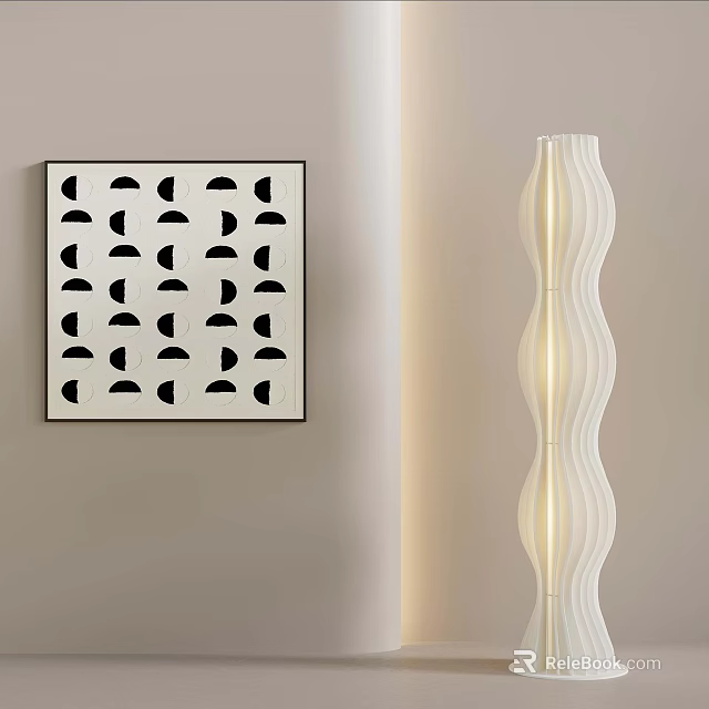 Light Colored Wall With Square Artwork Black Semicircular Patterns And White Wavy Floor Lamp 3d model