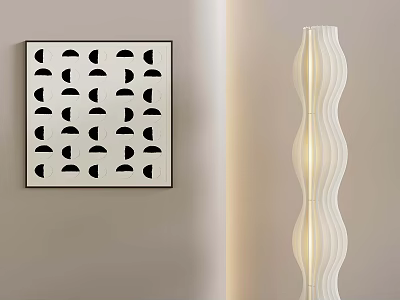 Light Colored Wall With Square Artwork Black Semicircular Patterns And White Wavy Floor Lamp 3d model