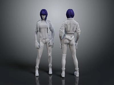 Detailed 3D Character Model With Front Back View Purple Hair White Outfit And Waist Pouch 3d model