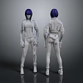Detailed 3D Character Model With Front Back View Purple Hair White Outfit And Waist Pouch