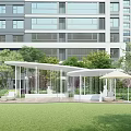 Modern Pergola Design With Curved White Frame Wooden Deck And Hanging Decorations