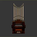 Antique Wooden Pipe Organ With Tall Pipes Keyboard And Red Stool