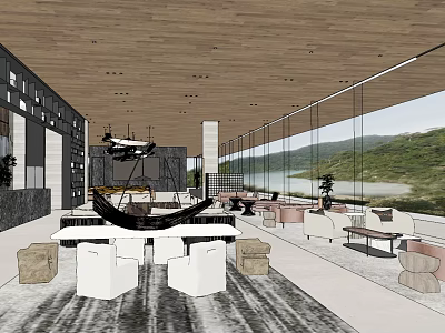 Modern Sales Office Interior With Large Windows Scenic Mountain Lake View Wooden Ceiling And Comfortable Seating 3d model