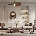 Modern Living Room Interior Design With Sofa Coffee Table Pendant Light And Wooden Shelves