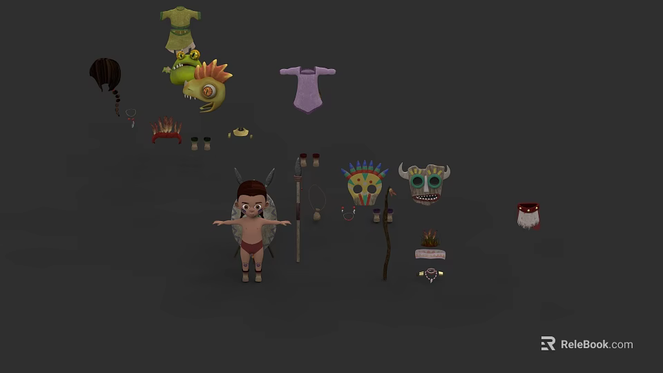 Game Movie Character With Colorful Masks Feather Hats And Decorative Costumes Accessories 3d model 