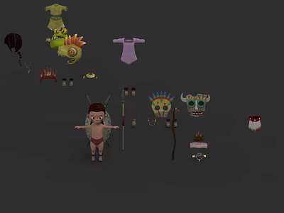 Game Movie Character With Colorful Masks Feather Hats And Decorative Costumes Accessories 3d model