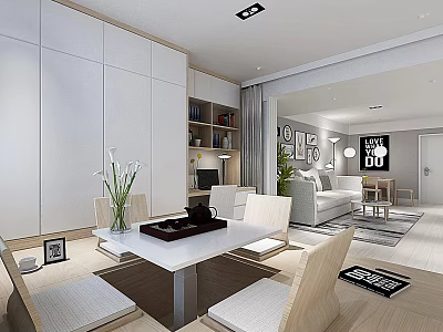 Modern Living and Dining Room Interior With White Table Chairs Sofa and Green Plants 3d model