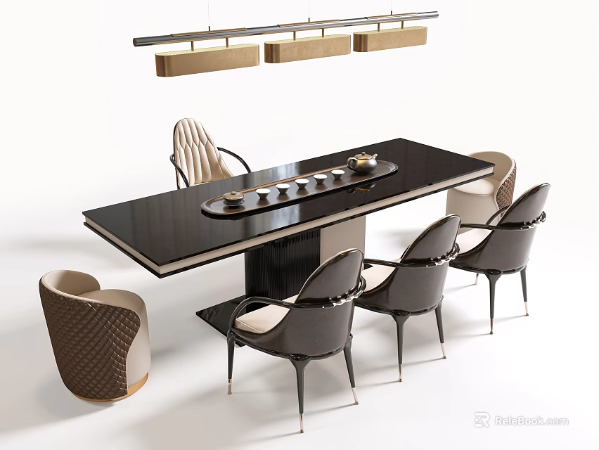 Modern Tea Table With Black Tabletop Four Chairs Tea Tray And Hanging Lights 3d model 