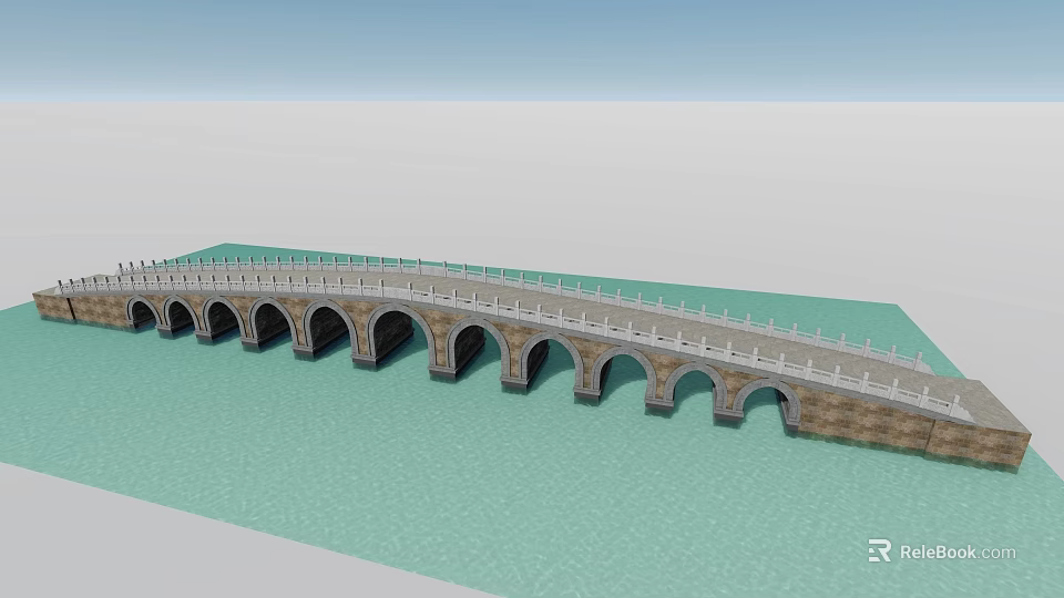 Ancient Stone Arch Bridge With Multiple Arches Spanning Calm Blue Water Adorned With White Railings 3d model 
