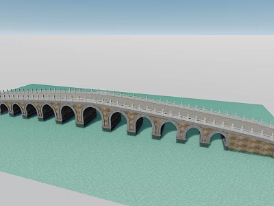 Ancient Stone Arch Bridge With Multiple Arches Spanning Calm Blue Water Adorned With White Railings 3d model