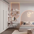 Cozy Modern Pink Kids Room Interior With Arch Design Bed Desk And Storage Shelves