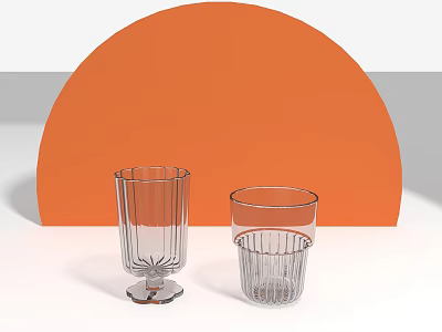 Transparent Glass Cups With Ribbed Design Against Orange Semicircle Background 3d model