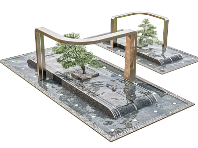 Dual Water Fountains With Metal Frames Small Trees And Flowing Water On Stone Pavement 3d model