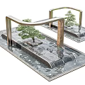 Dual Water Fountains With Metal Frames Small Trees And Flowing Water On Stone Pavement