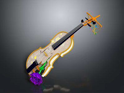 Elegant Decorative Violin With Purple Rose Golden Trim And Colorful Tassels 3d model