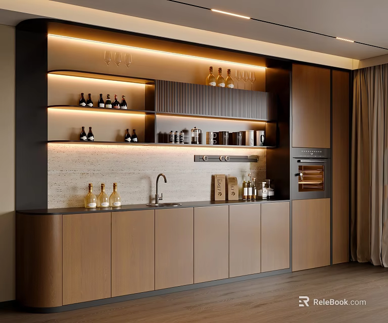 Modern Wooden Sideboard Design With Open Shelves And Wine Bottles LED Lighting And Countertop 3d model 