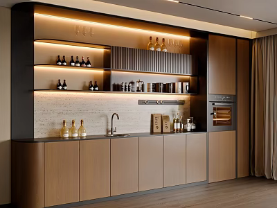 Modern Wooden Sideboard Design With Open Shelves And Wine Bottles LED Lighting And Countertop 3d model