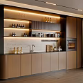 Modern Wooden Sideboard Design With Open Shelves And Wine Bottles LED Lighting And Countertop