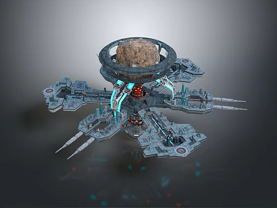 Natural Rock Formation Centered in Circular Mechanical Structure with Illuminated Blue Glow 3d model