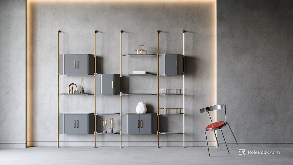 Modern Gray Storage Shelving Unit with Gold Frame Multiple Shelves and Accent Chair 3d model 