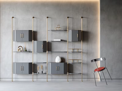 Modern Gray Storage Shelving Unit with Gold Frame Multiple Shelves and Accent Chair 3d model