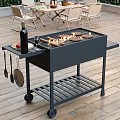 Camping Site Outdoor Grill Setup With Dining Table Food And Green Trees