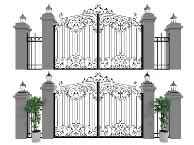 Ornate Wrought Iron Gate With Stone Pillars Lamp Posts And Potted Plants For Architectural Exterior 3d model