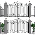 Ornate Wrought Iron Gate With Stone Pillars Lamp Posts And Potted Plants For Architectural Exterior