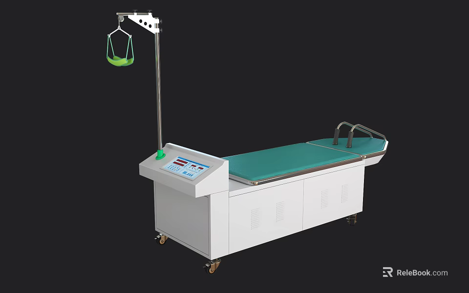 Professional Medical Traction Table With Green Padded Surface Overhead Suspension Device And Control Panel 3d model 
