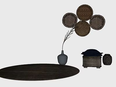 Round Carpet with Woven Circular Wall Decor Gray Vase Plant Wooden Box and Cushion 3d model