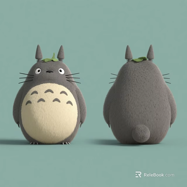 Cute Totoro Characters Front And Back View With Gray Body Light Belly And Green Background 3d model 