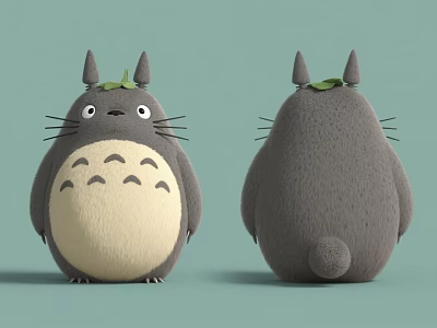 Cute Totoro Characters Front And Back View With Gray Body Light Belly And Green Background 3d model