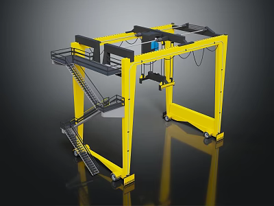Yellow Gantry Crane With Black Frame Ladder And Movable Wheels 3d model