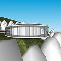 Modern Glass Pavilion With Circular Design On Mountain Slope Surrounded By Green Hills And Blue Sky