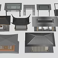 Traditional Chinese Architectural Models Featuring Various Roof Designs Geometric Shapes And Wooden Structures