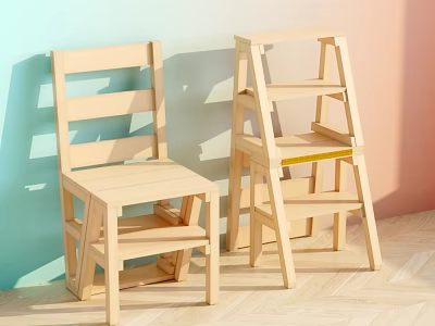 Light Wooden Stools With Slatted Design In Colorful Room Interior 3d model