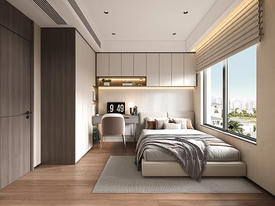 Modern Bedroom Interior With Wooden Floors White Gray Cabinets Bed Desk Chair And Large Window 3d model