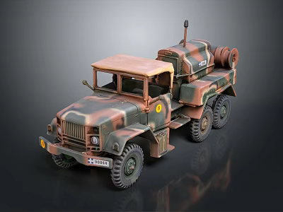 Vintage Military Truck Featuring Camouflage Paint Multiple Wheels And Roof Equipment 3d model